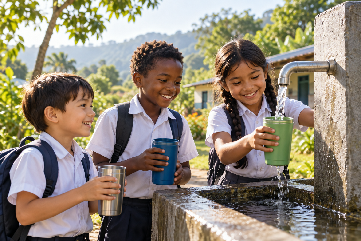Children sharing a positive moment at a clean drinking water tap